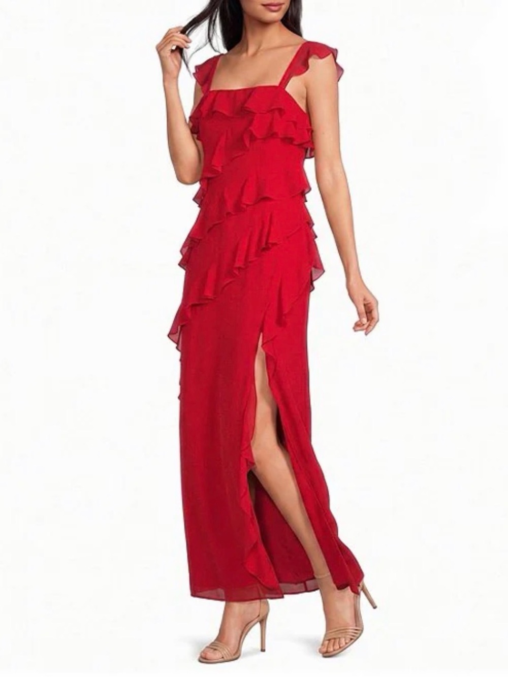 Red Ruffle Maxi Dress with Side Slit - Gianni bini